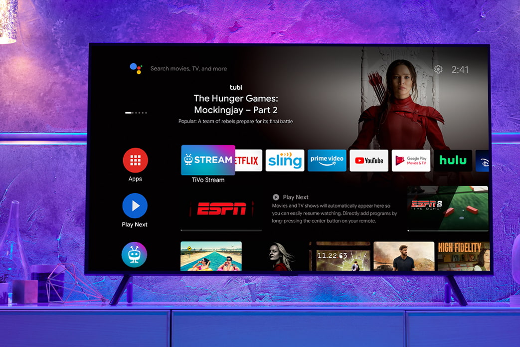 An image of a TV showing the Stream 4K apps home screen