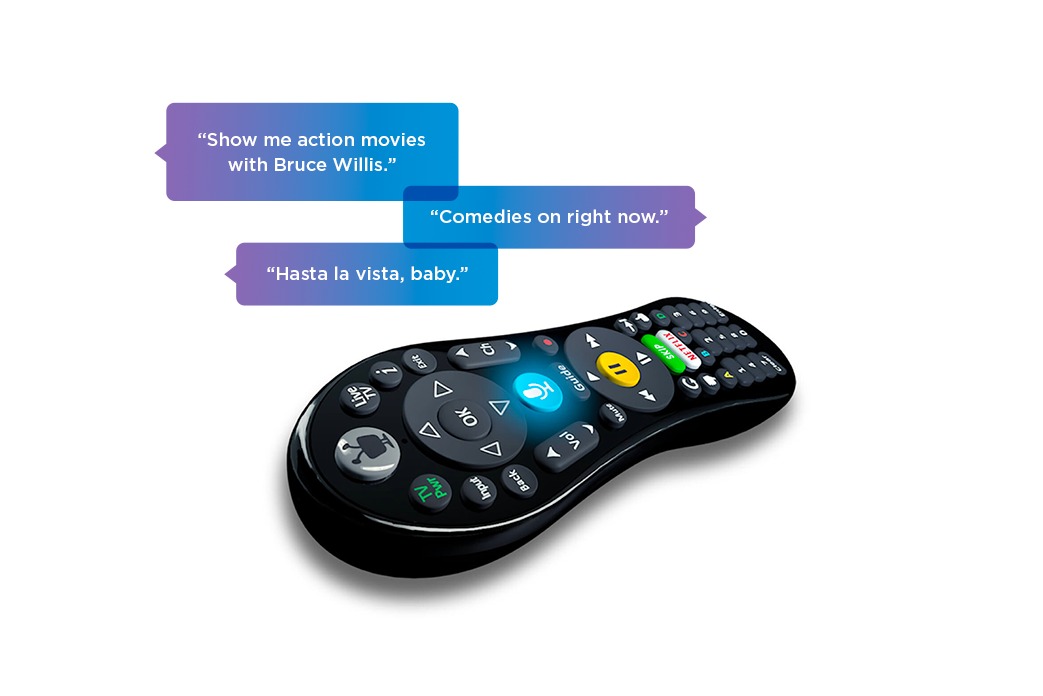 Sample voice commands: 'Show me action movies with Bruce Willis.', 'Comedies on right now.', 'Hasta la vista, baby'
