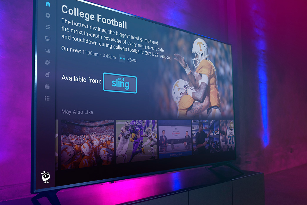 An image of a TV screen showing the TiVo Stream 4K show selection on College Football, available from Sling