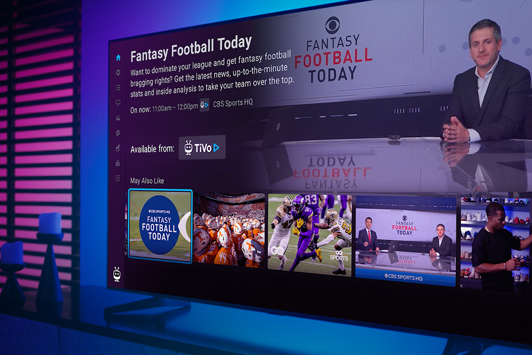 An image of a TV screen showing the TiVo Stream 4K show selection on Fantasy Football Today, available from TiVo+