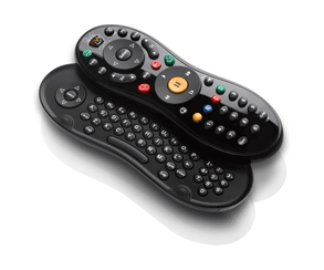 a black TiVo Slide Pro remote opened out with the keypad visible