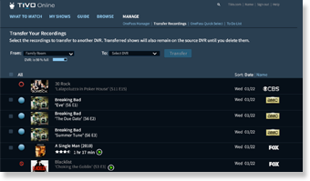 screenshot of tivo online transfer multiple recordings